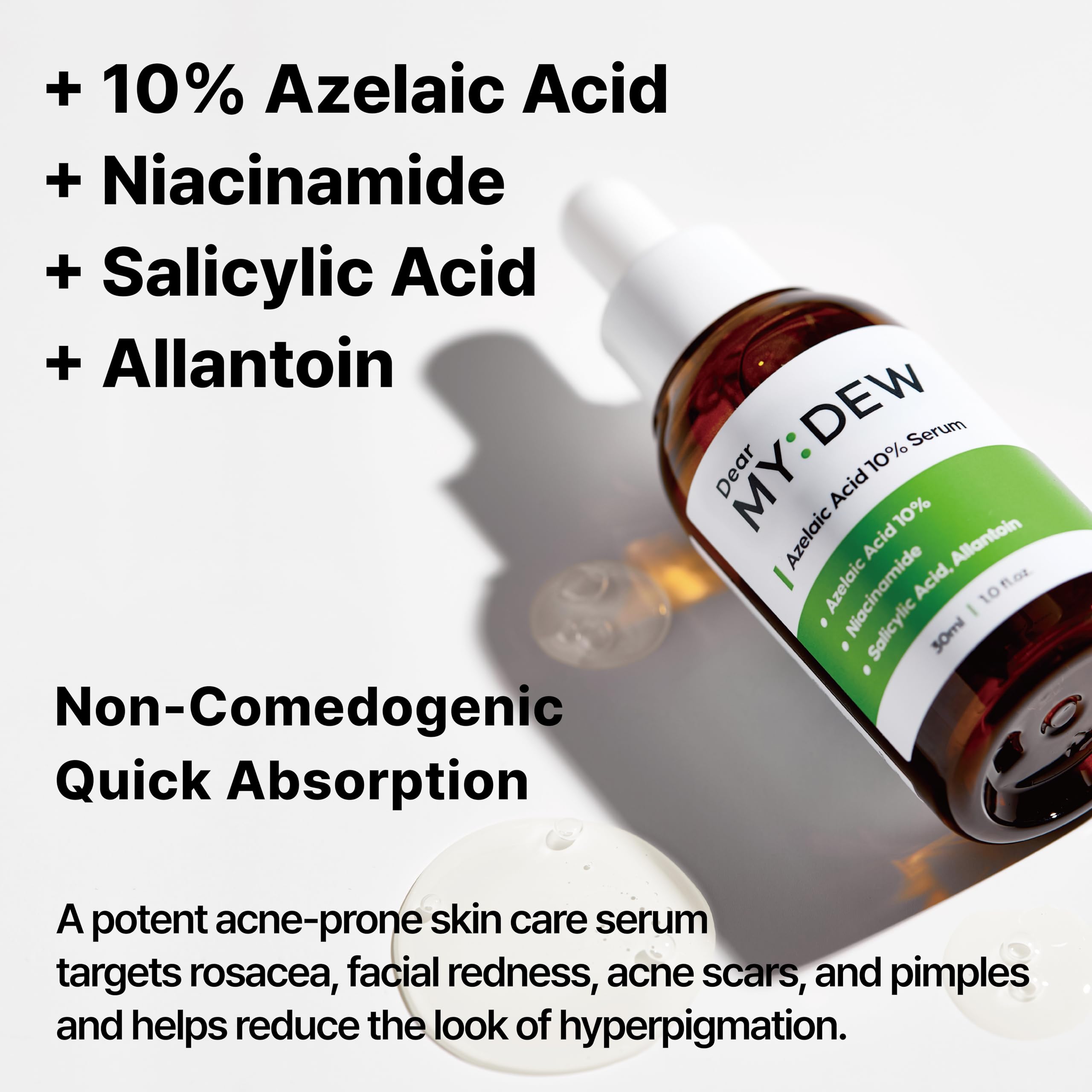 DearMYDEW serum amber bottle close-up illustrating fast absorption and non-greasy feel.