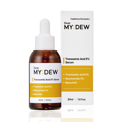 DearMYDEW tranexamic acid serum bottle shows fast-absorbing, non-greasy texture for daily use