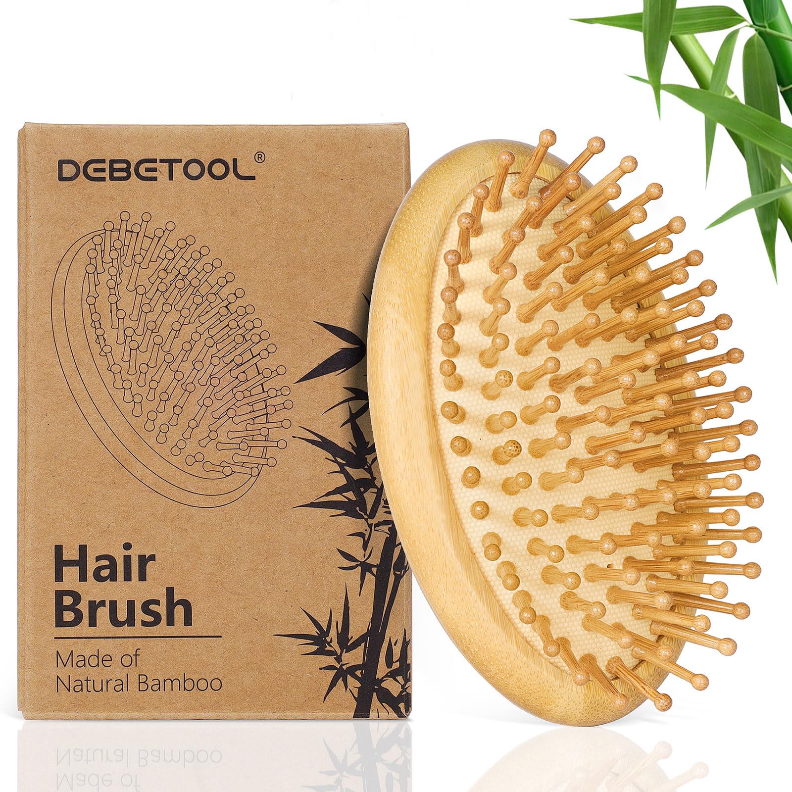 DEBETOOL Bamboo Hair Brush no-handle for travel-friendly detangling and scalp massage.