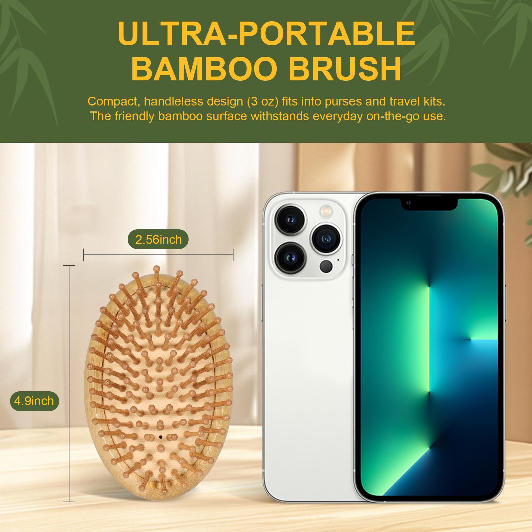 DEBETOOL Bamboo Hair Brush travel-size for easy on-the-go detangling.