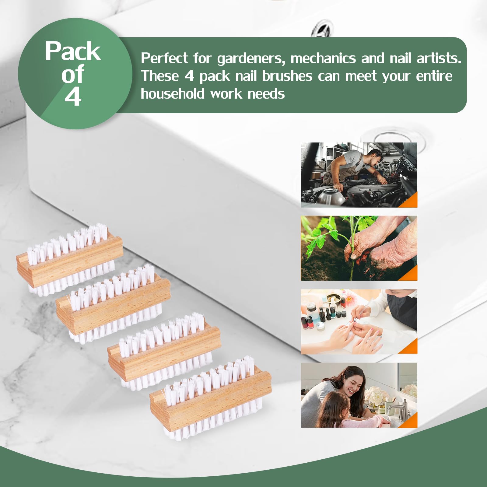DEBETOOL wooden nail brush close-up illustrates versatile use for gardening, mechanics, and nail care.