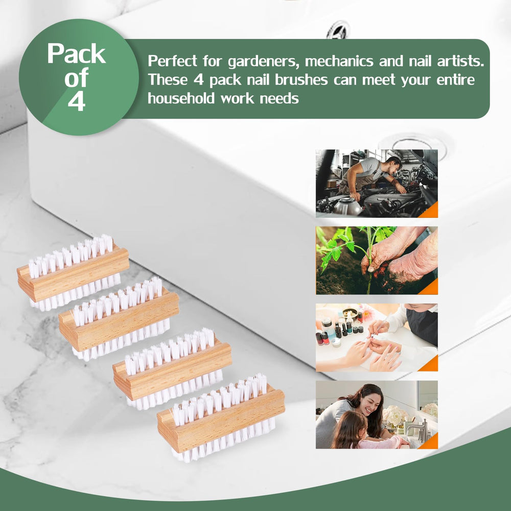 DEBETOOL wooden nail brush close-up illustrates versatile use for gardening, mechanics, and nail care.