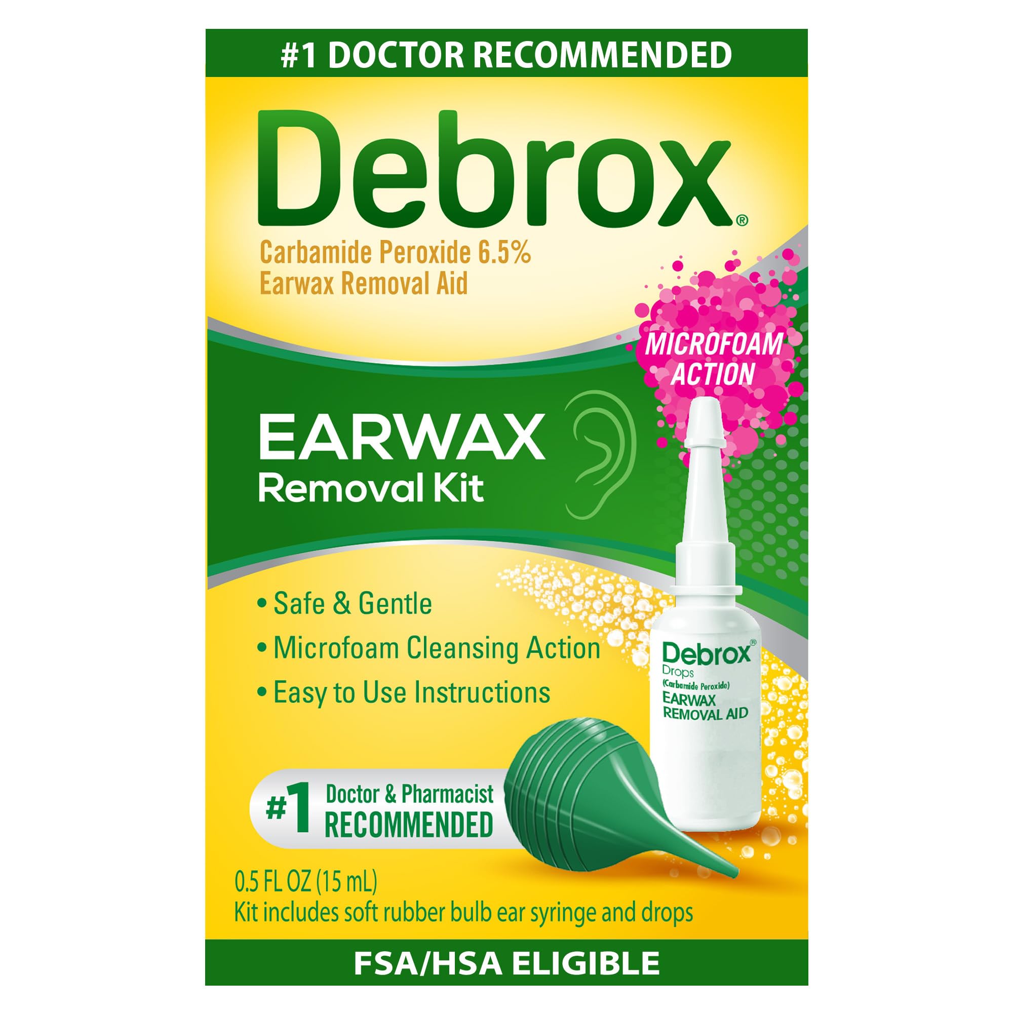 Debrox front packaging showing kit contents and clear ear care benefit