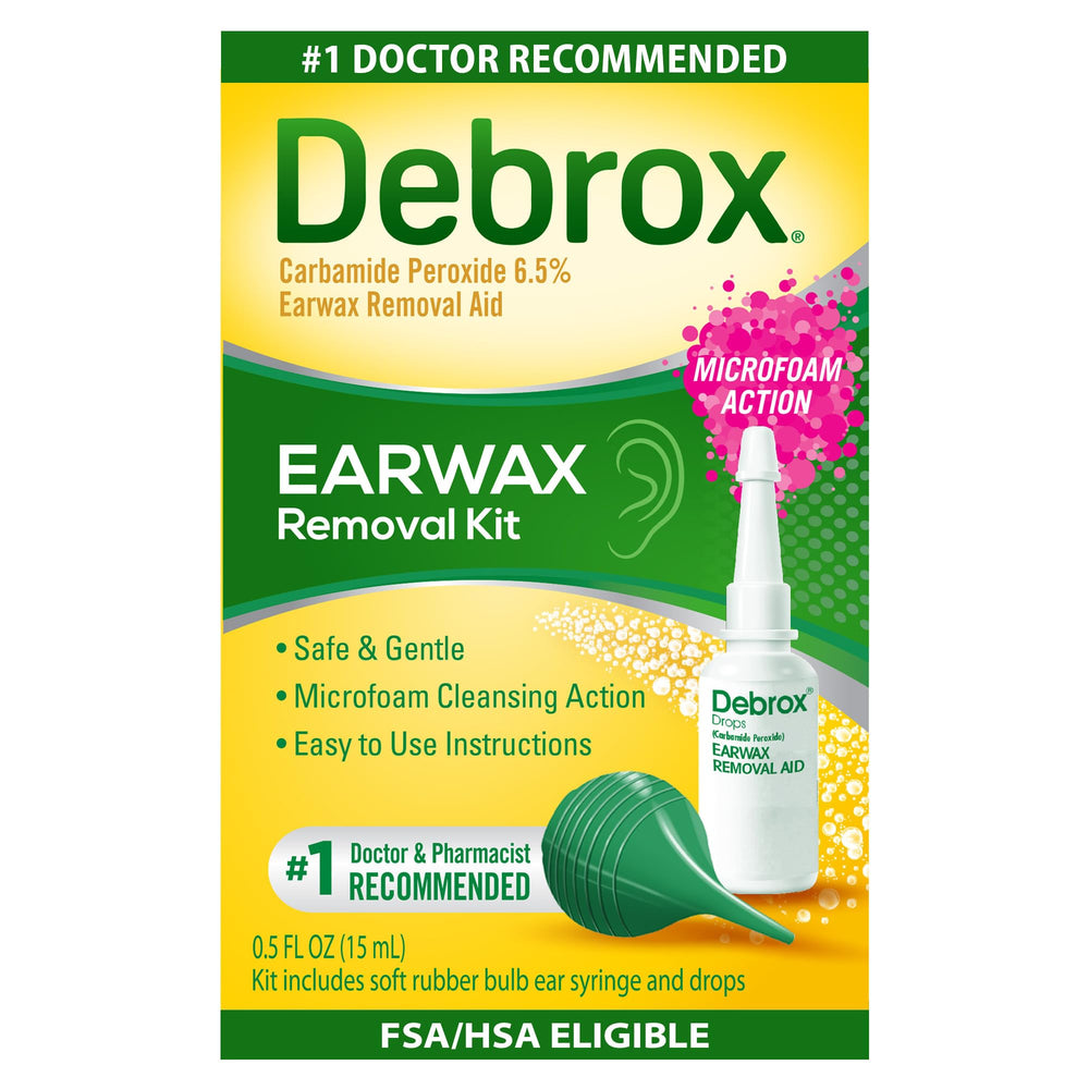 Debrox front packaging showing kit contents and clear ear care benefit