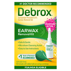 Debrox front packaging showing kit contents and clear ear care benefit