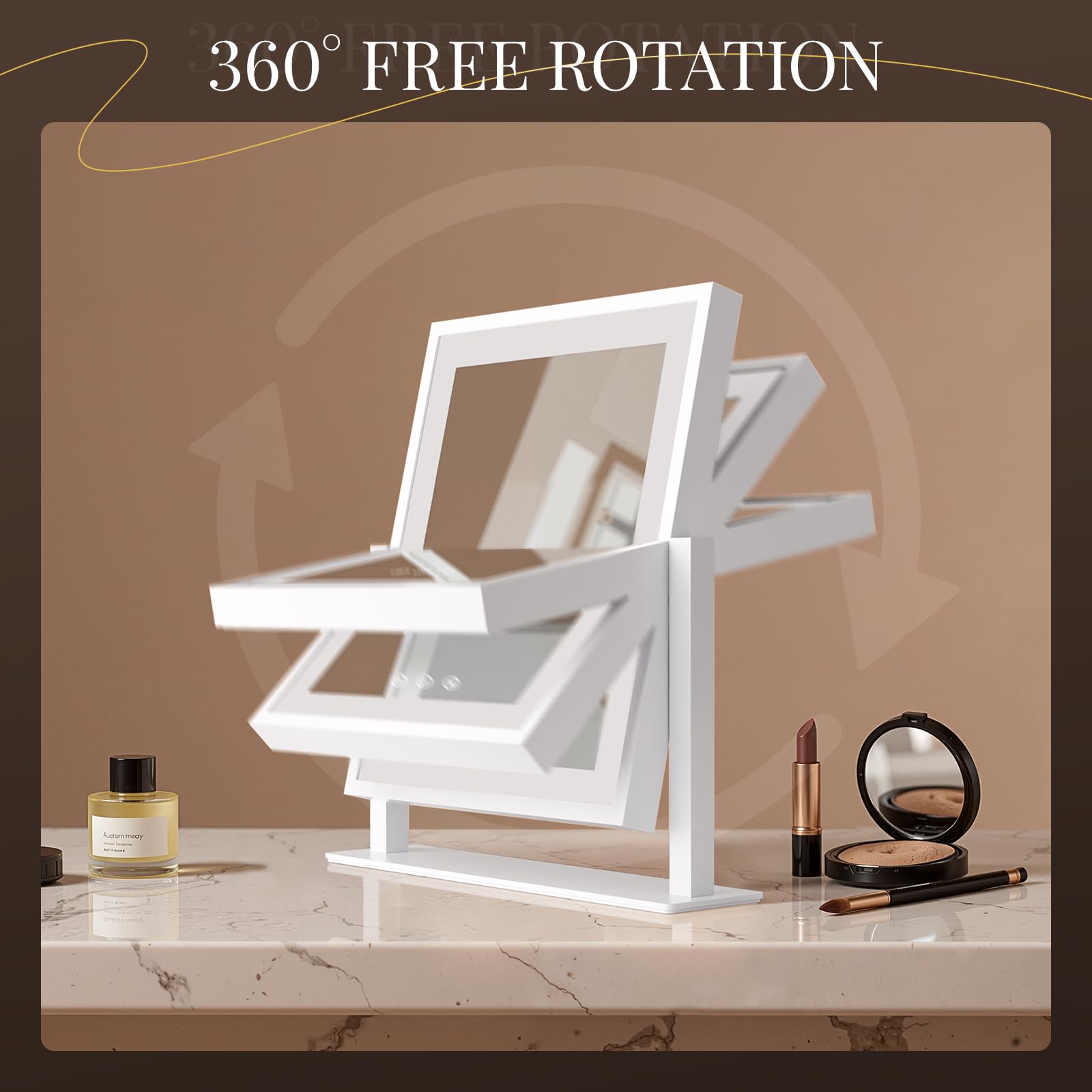 DECADENCE Makeup Mirror 360 rotation demonstrating adjustable viewing angle