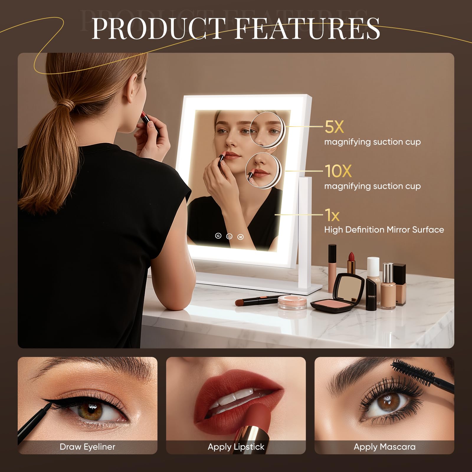 DECADENCE Makeup Mirror detachable 5X magnification for broader brows and eyes makeup