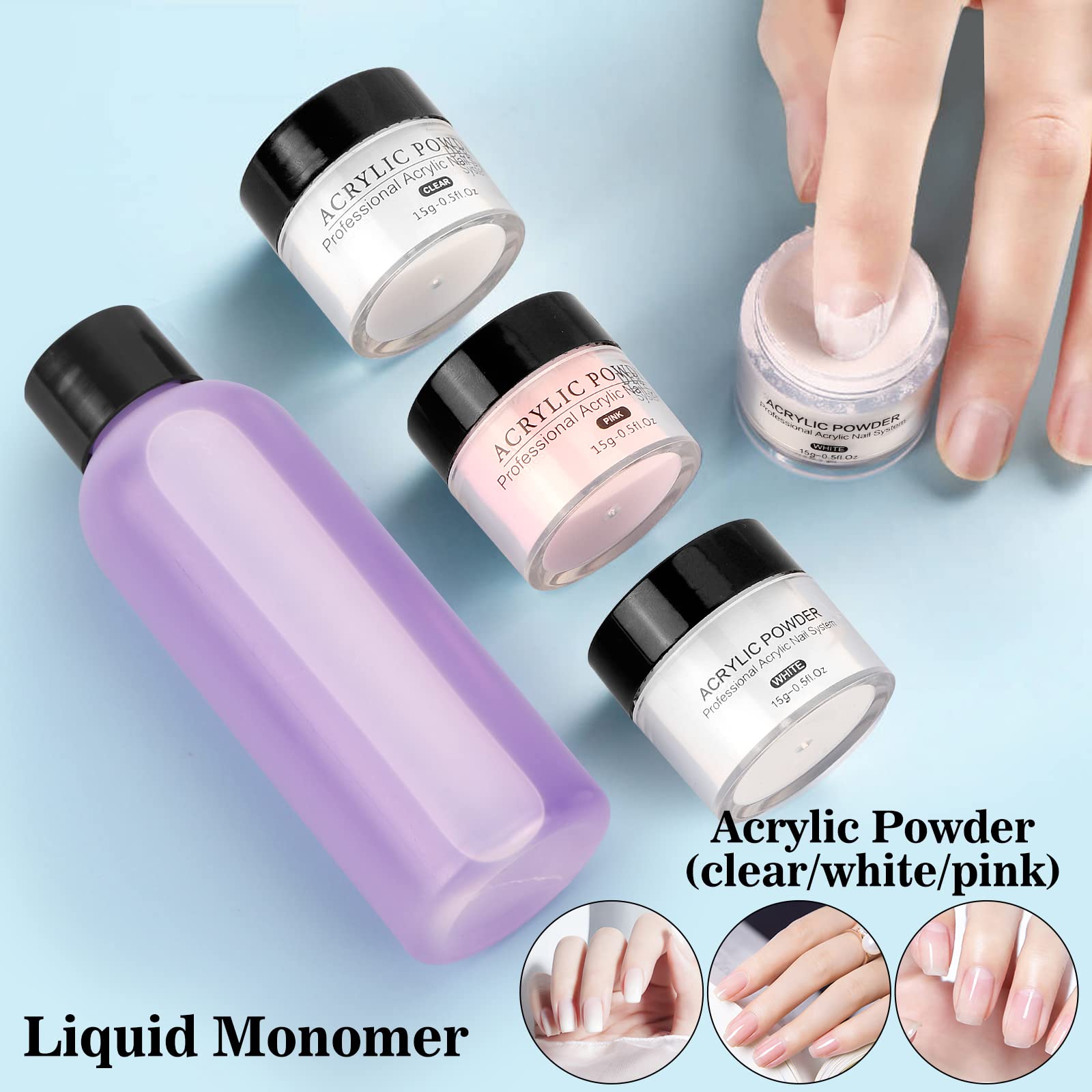 Deciniee acrylic powder pink-white-clear set for versatile extensions.