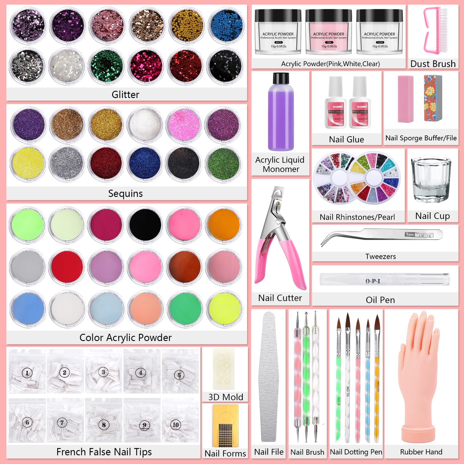 Deciniee acrylic powder pink shown for long-lasting color and smooth application.