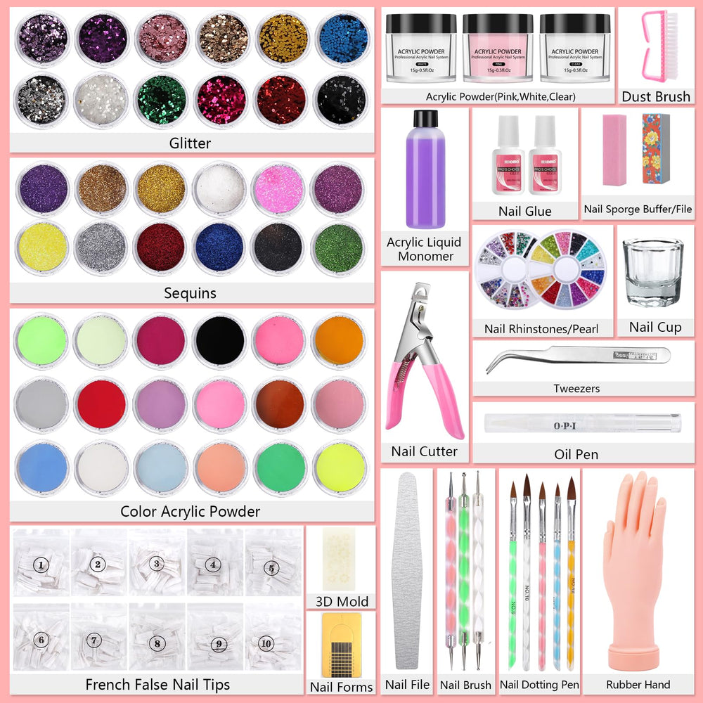 Deciniee acrylic powder pink shown for long-lasting color and smooth application.