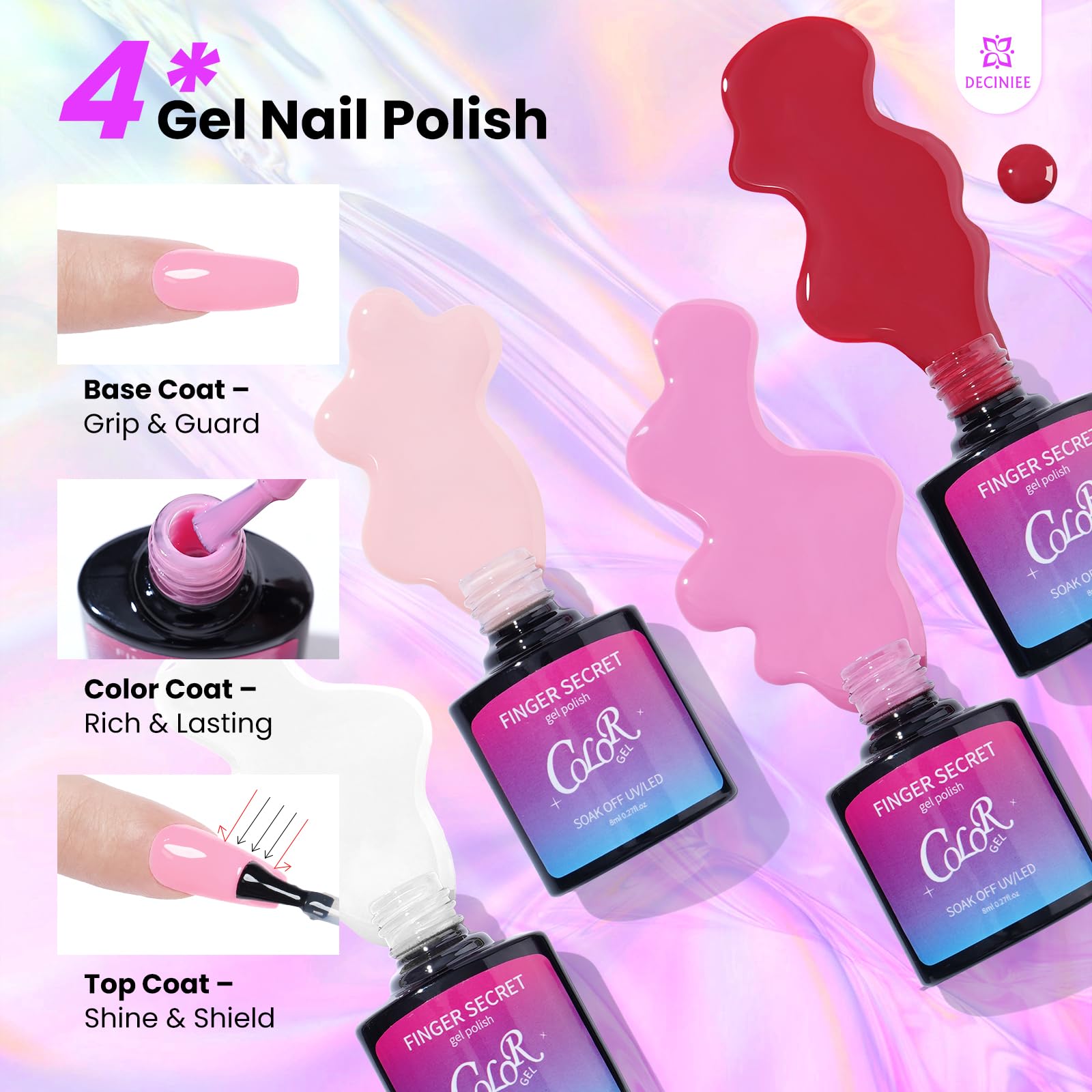 Deciniee gel polish set with assorted shades for salon-like finishes.