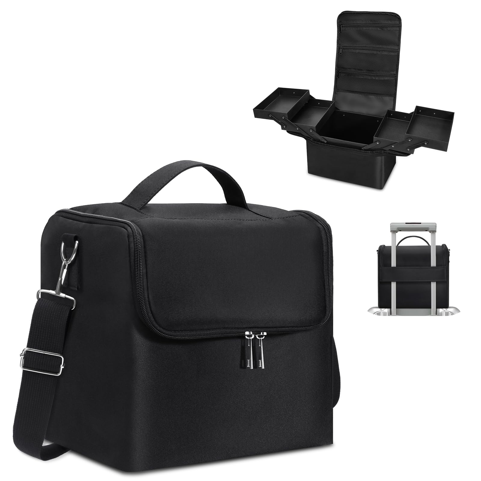Deciniee large makeup train case front view in black for travel organization
