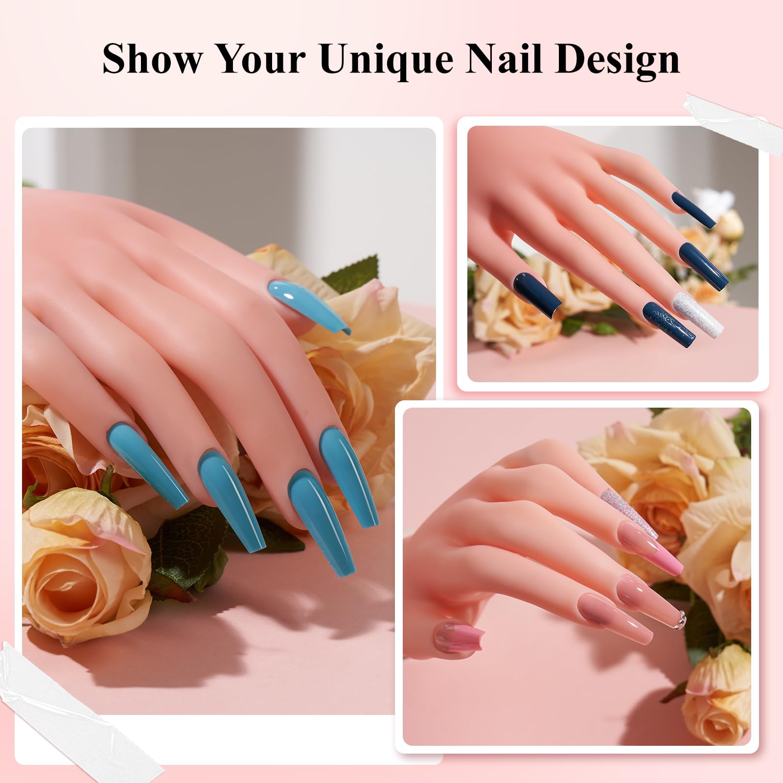 Deciniee display-ready fake hand for showcasing nail art and client demonstrations.