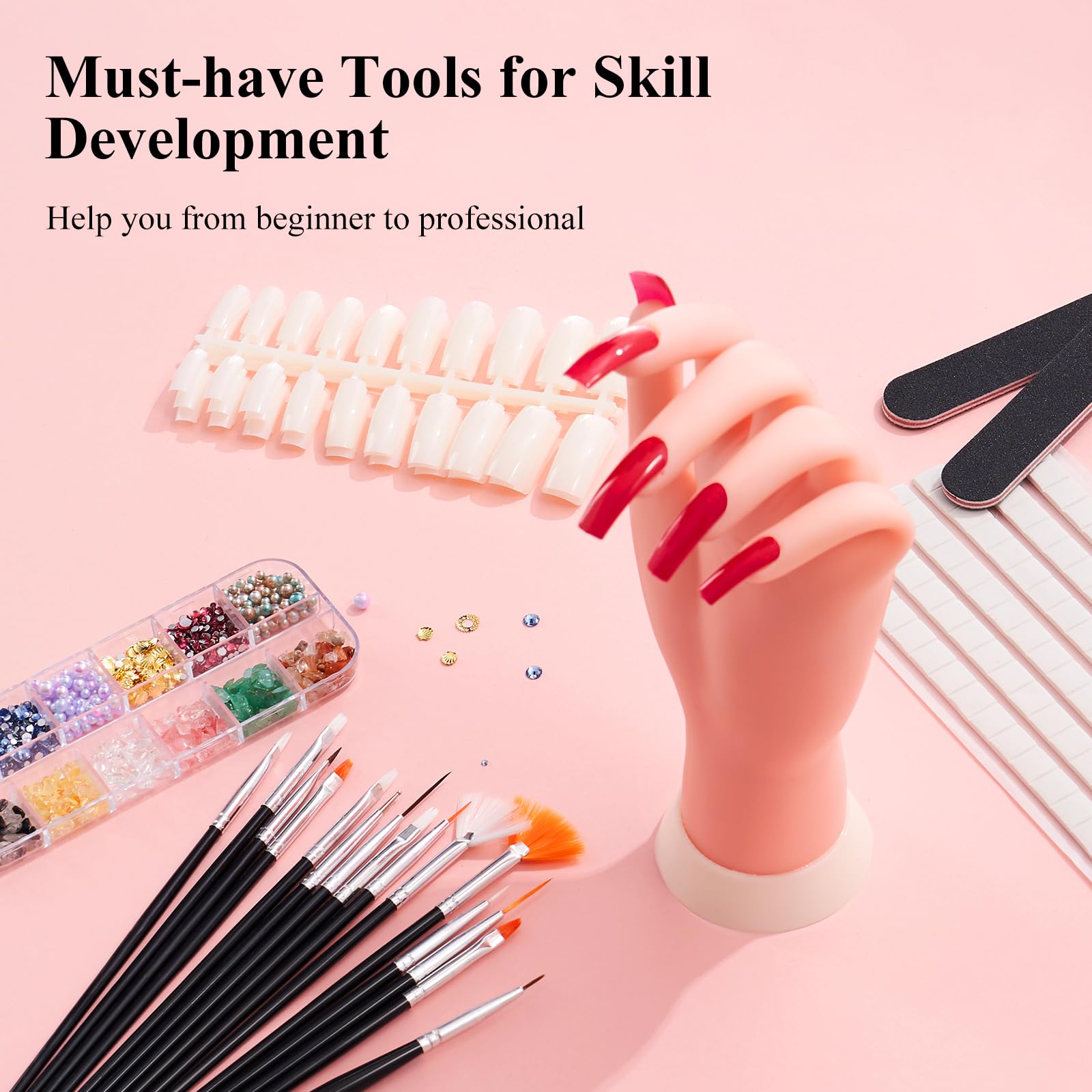 Deciniee 100pcs natural nail tips on practice hand for safe, mess-free nail practice.