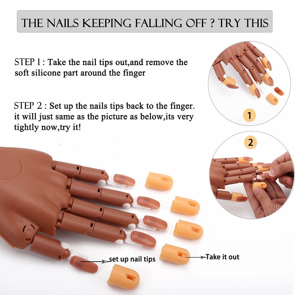 Deciniee practice hand with 100 brown nail tips supports quick tip changes during drills