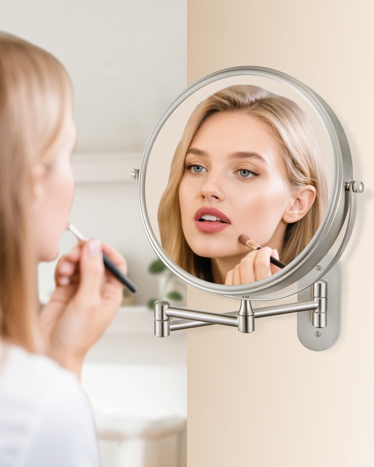 DECLUTTR 9in wall mirror offers 360° rotation for easy lighting angles