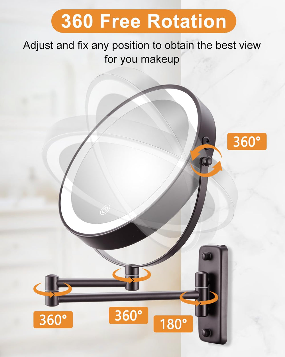 DECLUTTR touch dimmable makeup mirror control for easy brightness adjustments.