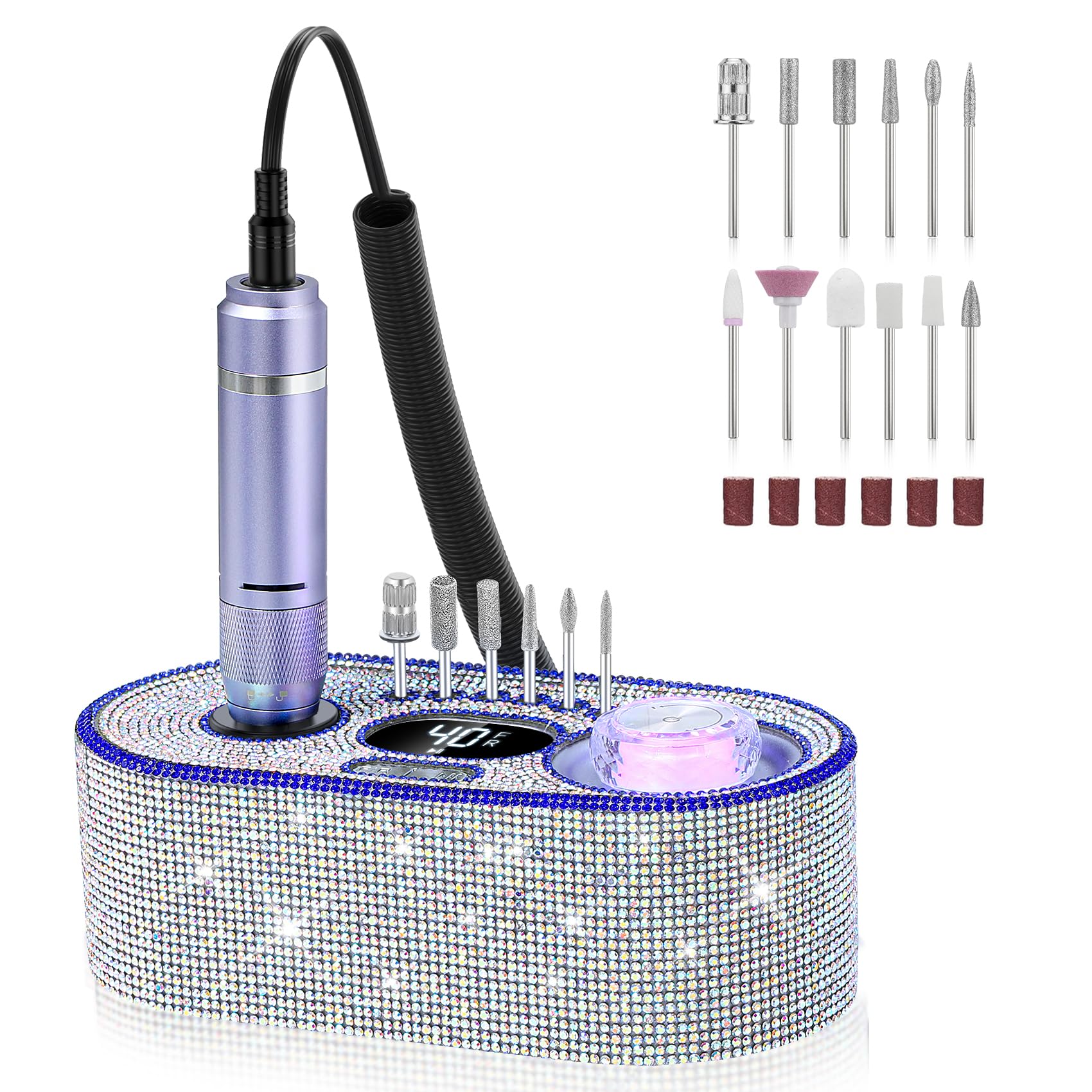 DEDNMSCA Sparkly Nail Drill Kit on desk showing professional precision for shaping nails