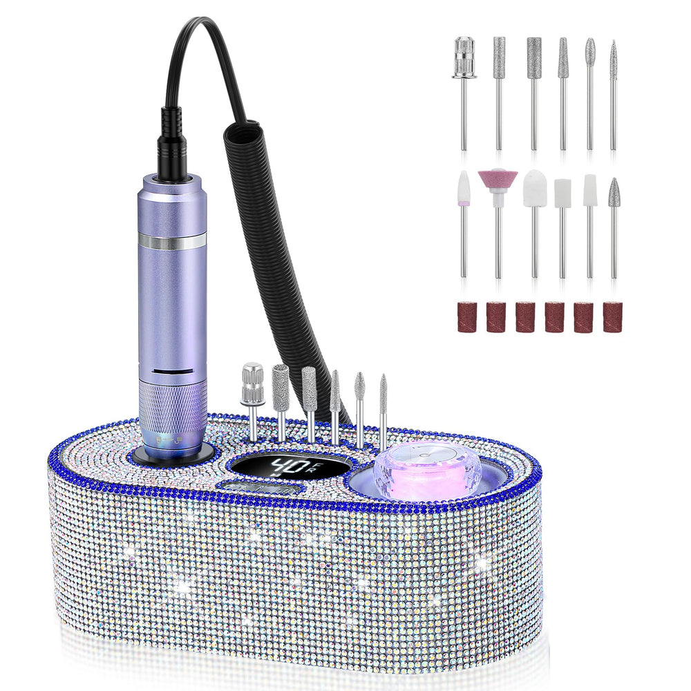 DEDNMSCA Sparkly Nail Drill Kit on desk showing professional precision for shaping nails