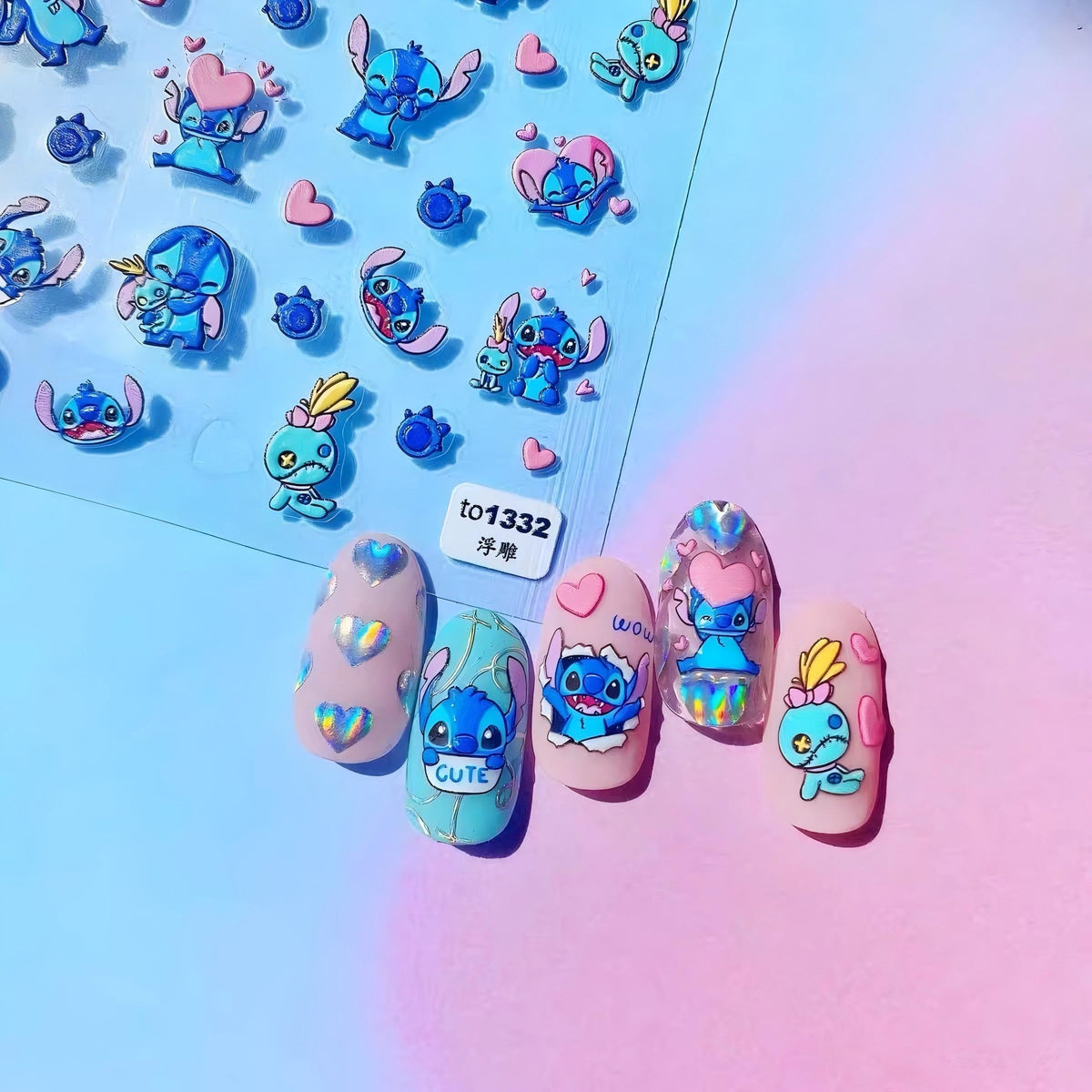 Dedyel 5D embossed nail stickers closeup showing vivid cartoon designs for quick, stylish nails.