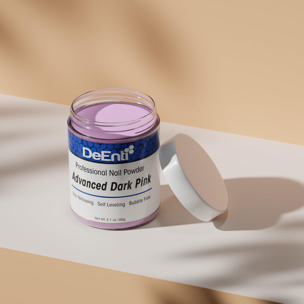 DeEnti acrylic nail powder dark pink with monomer demonstrating quick-dry, clean application.