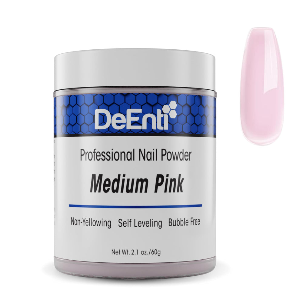 DeEnti acrylic nail powder packaging highlights premium bubble-free formula for flawless overlays