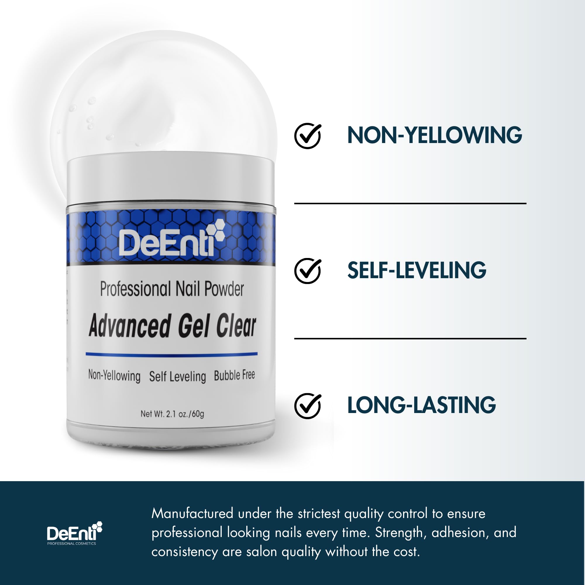 DeEnti acrylic powder demonstrates smooth coverage for chip-resistant nails.