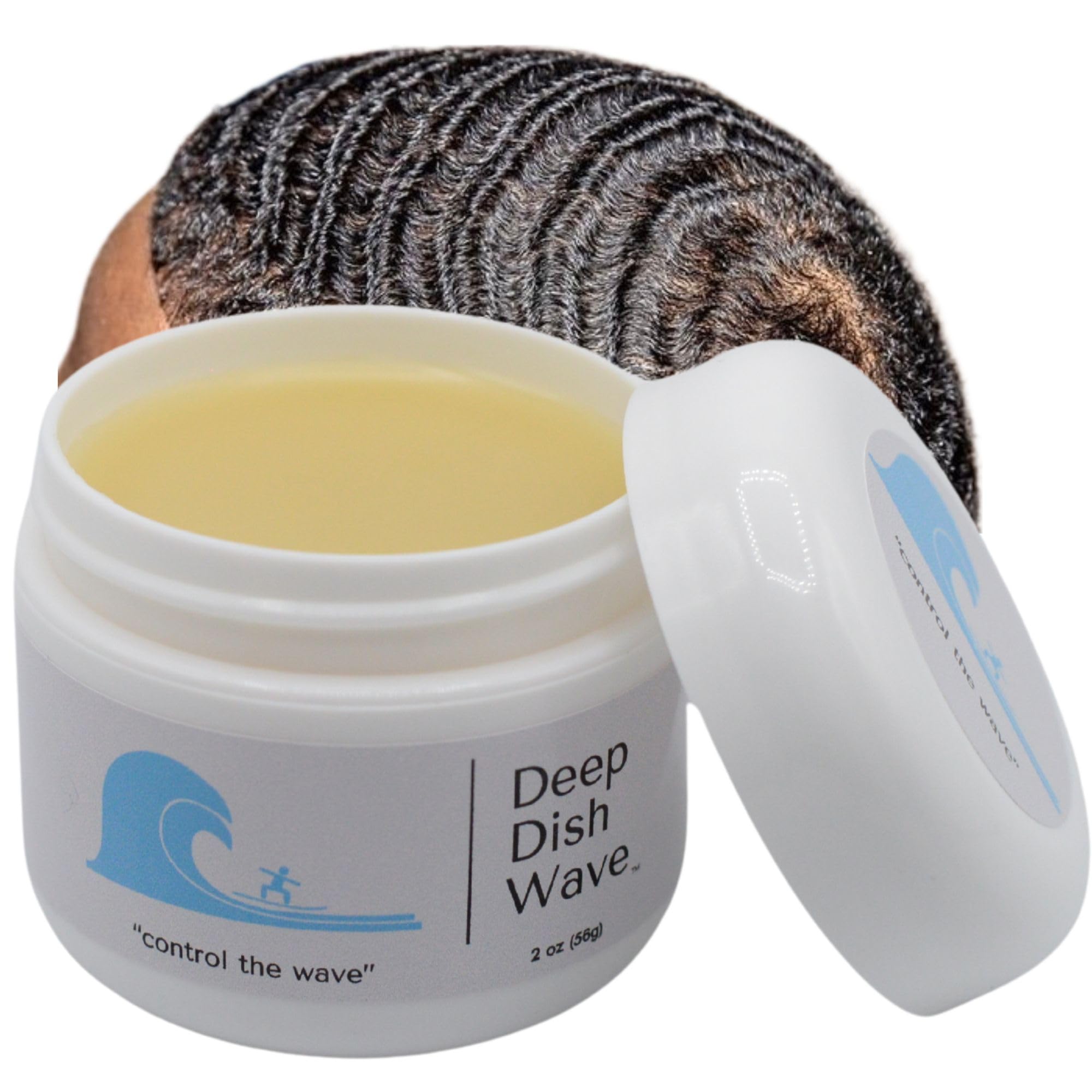 Deep Dish Wave Pomade jar showing natural ingredients for defined 360 waves