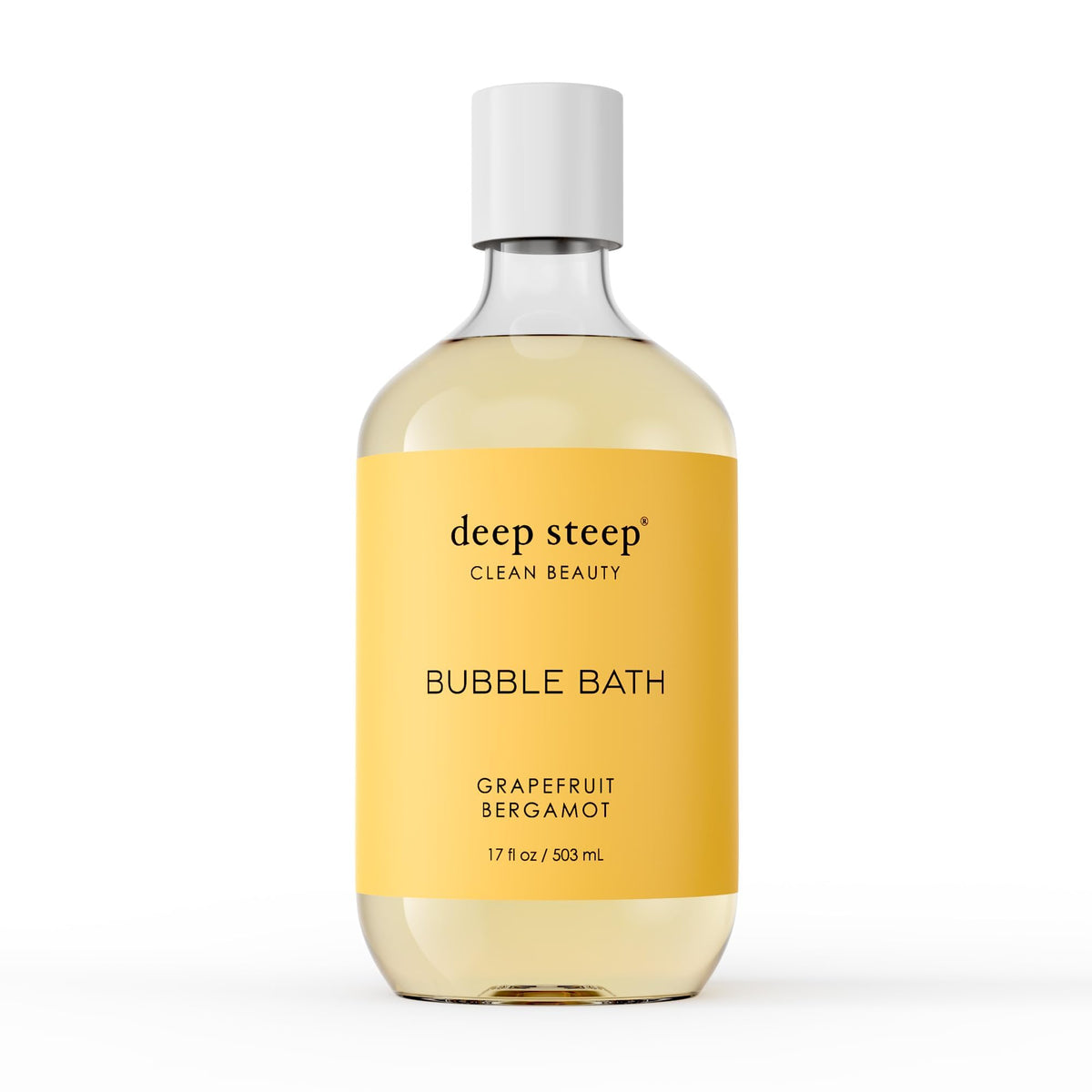 Deep Steep Bubble Bath Grapefruit Bergamot bottle shows a soothing, sulfate-free soak.