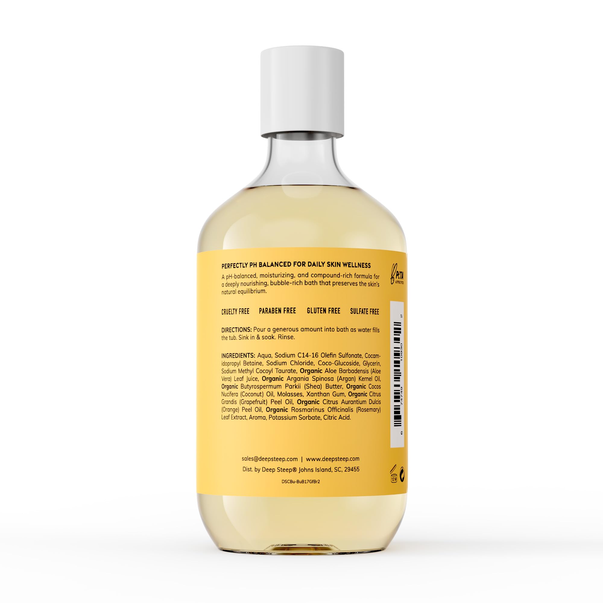 Deep Steep Bubble Bath Grapefruit Bergamot label close-up highlights clean, cruelty-free ingredients.