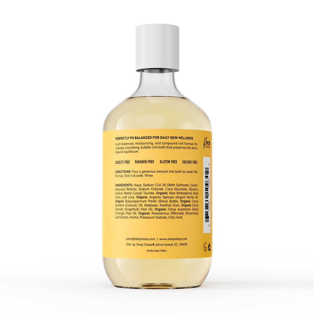 Deep Steep Bubble Bath Grapefruit Bergamot label close-up highlights clean, cruelty-free ingredients.