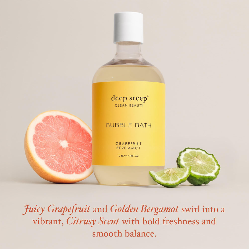 Deep Steep Bubble Bath Grapefruit Bergamot water pour captures a calm bath ritual.