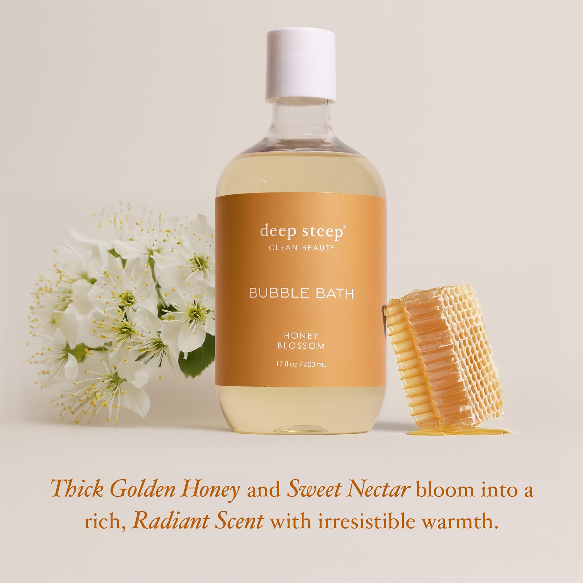 Deep Steep Bubble Bath Honey Blossom shea butter focus suggests soothing skin comfort.