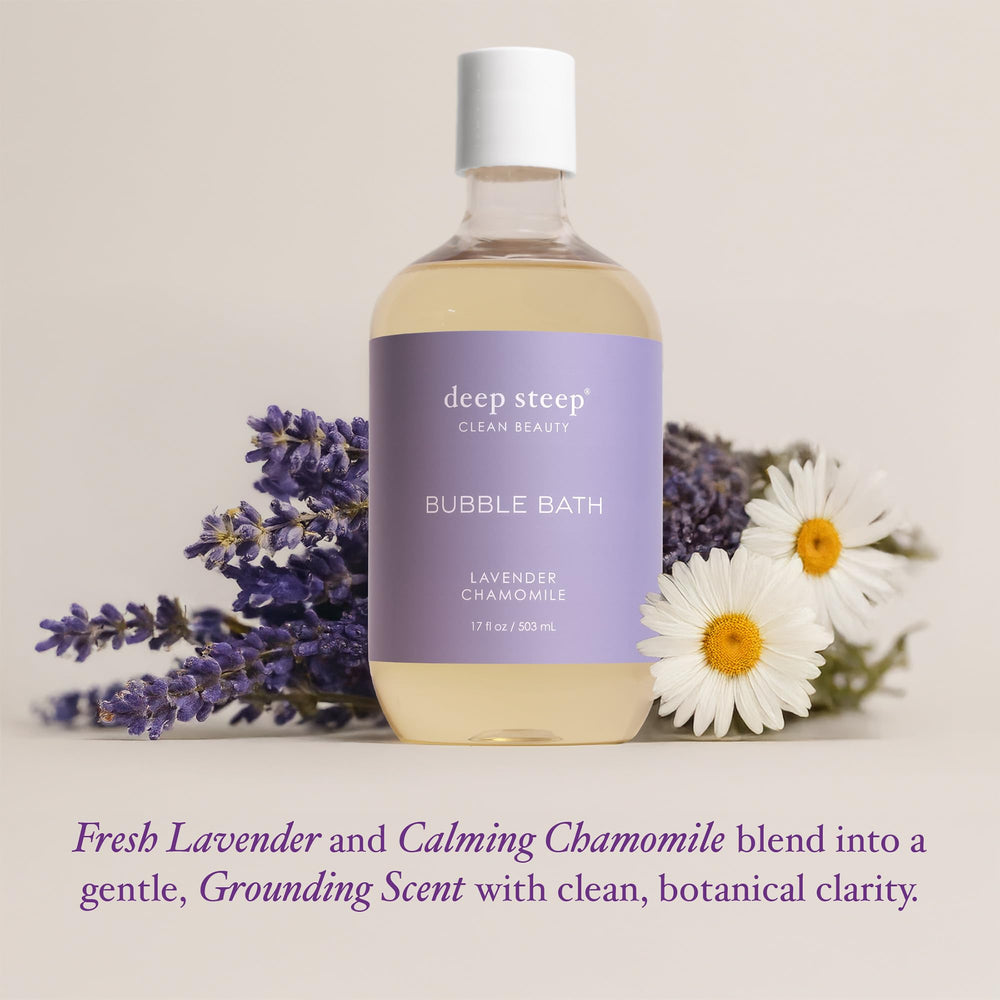 Deep Steep Bubble Bath Lavender Chamomile label close-up of mild formula.