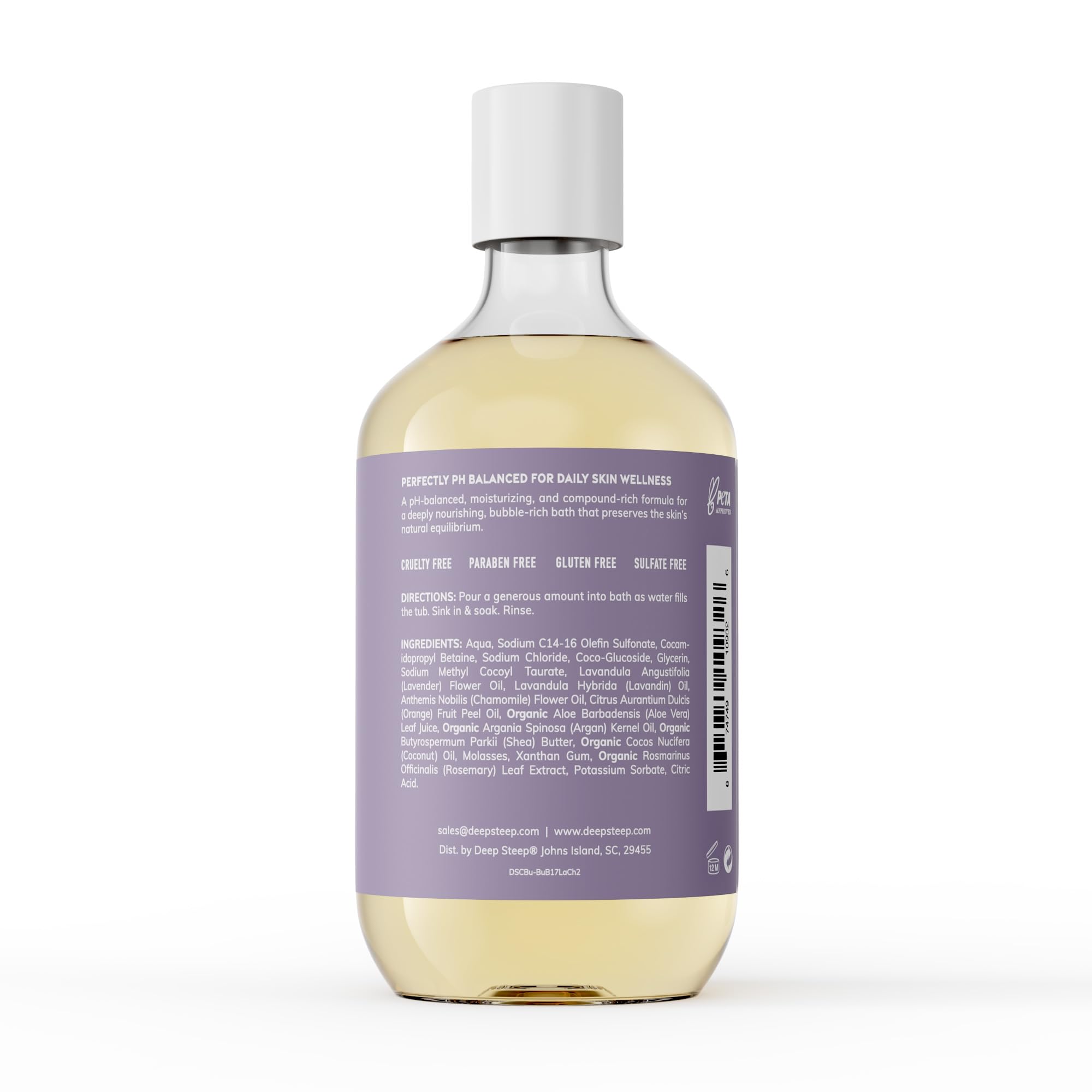 Deep Steep Bubble Bath Lavender Chamomile pour scene highlighting soothing oils.