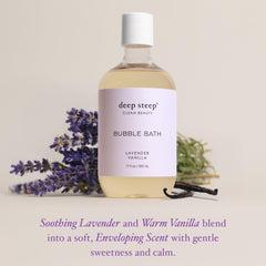 Deep Steep Bubble Bath Lavender Vanilla bubbles tub scene evokes calm, relaxing bath.