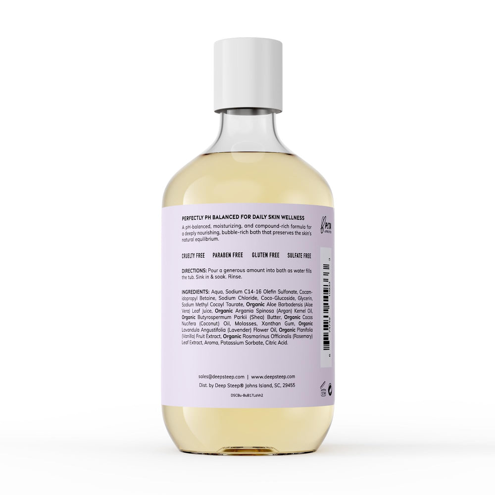 Deep Steep Bubble Bath Lavender Vanilla label detail highlights gentle, sulfate-free ingredients.