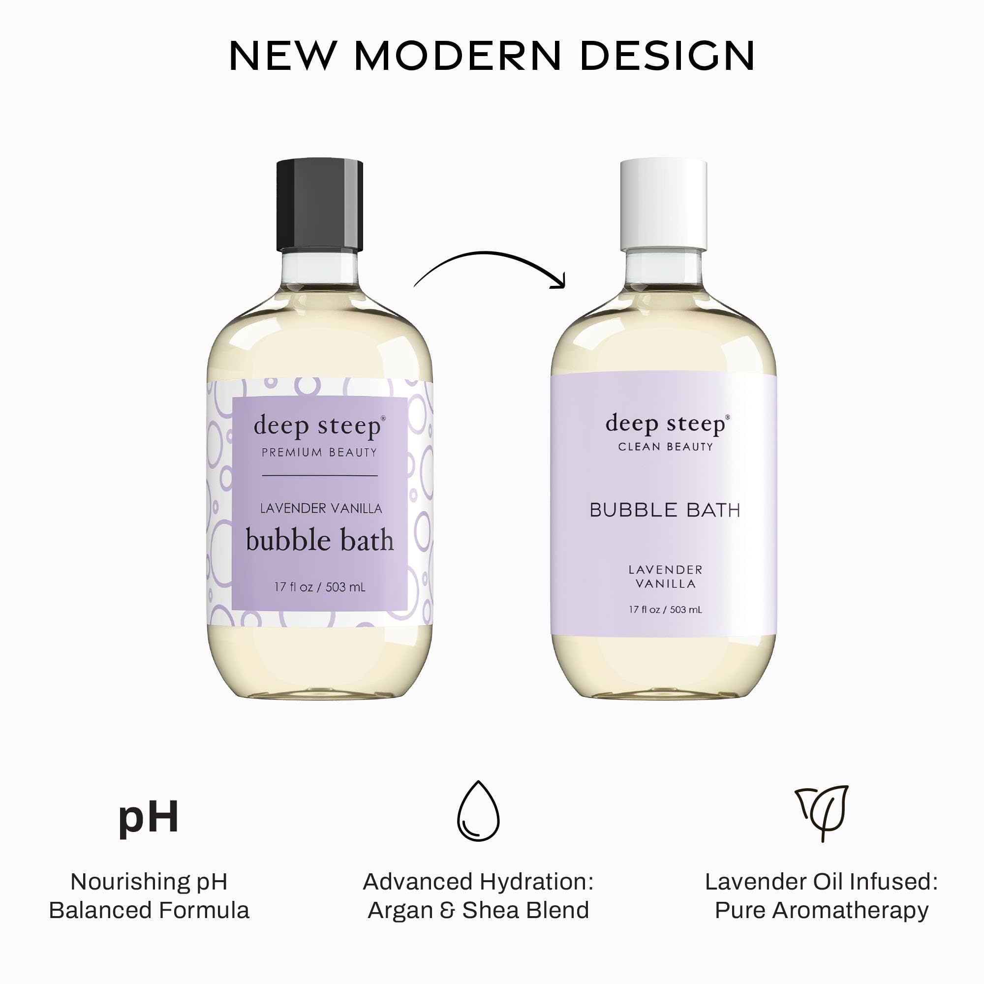 Deep Steep Bubble Bath Lavender Vanilla pour action captures luxurious, aromatic soak.