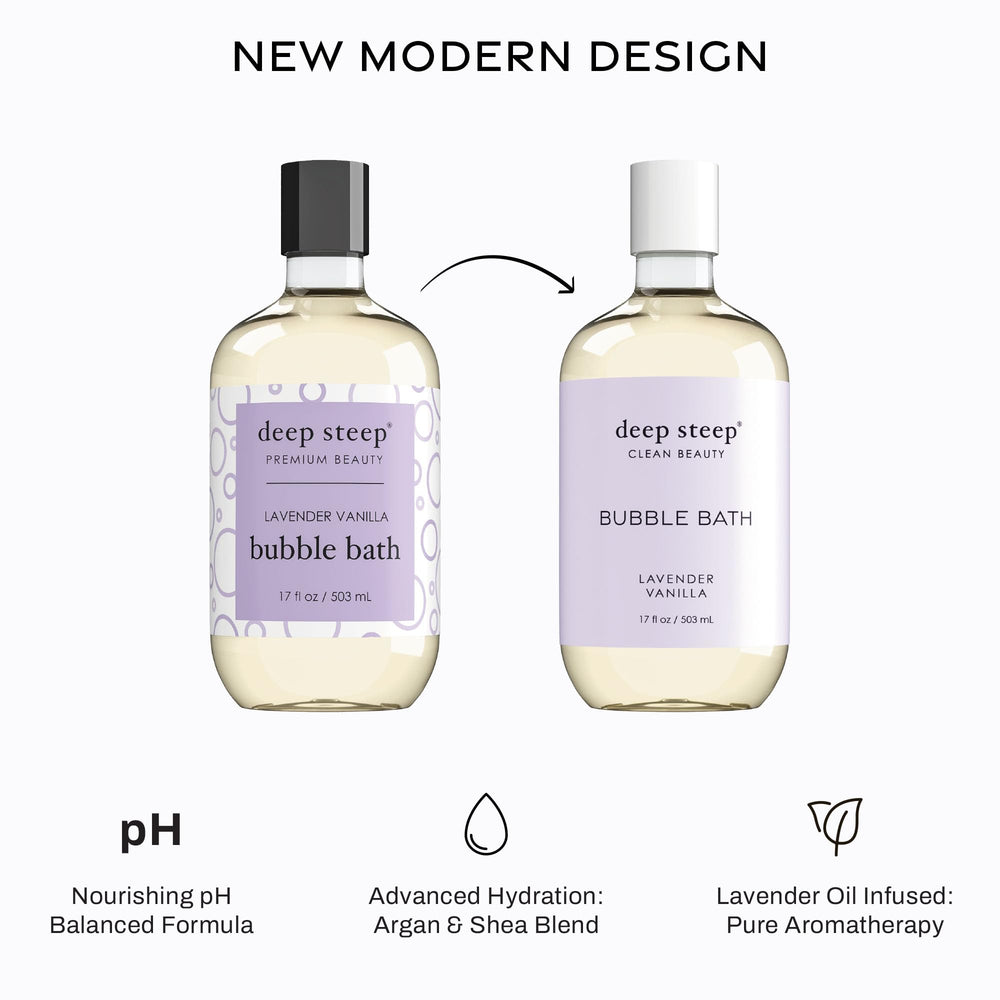 Deep Steep Bubble Bath Lavender Vanilla pour action captures luxurious, aromatic soak.