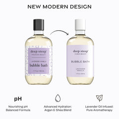 Deep Steep Bubble Bath Lavender Vanilla pour action captures luxurious, aromatic soak.