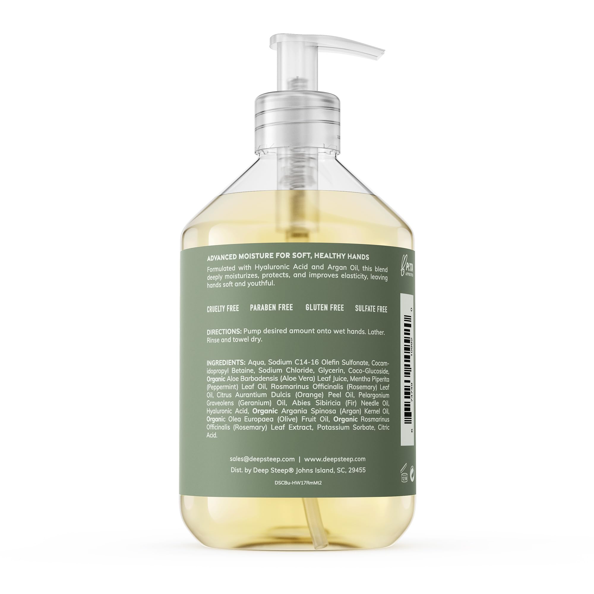 Deep Steep hand wash pump shows plant-based cleansers for a refreshing cleanse.