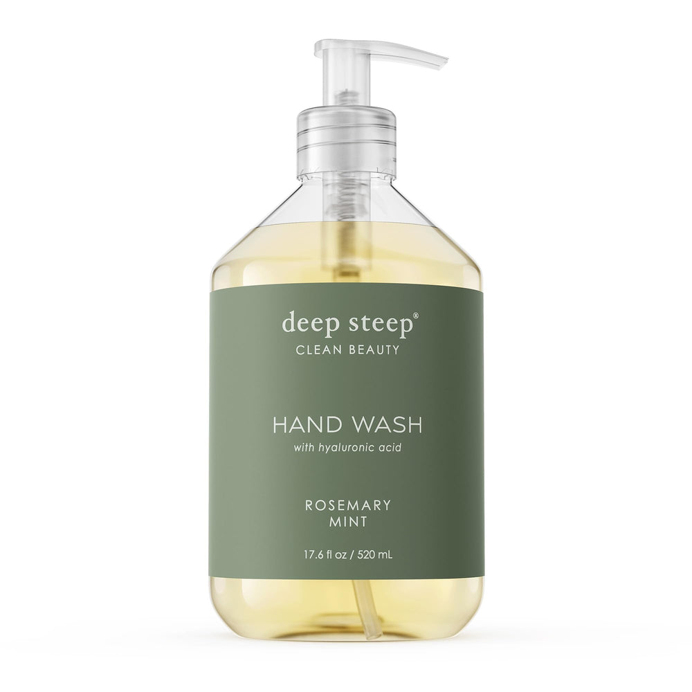 Deep Steep Rosemary Mint hand wash bottle highlights hydrating aloe and olive oil.