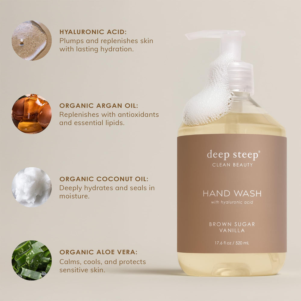 Deep Steep bottle showcases nourishing oils and aloe for soft hands.