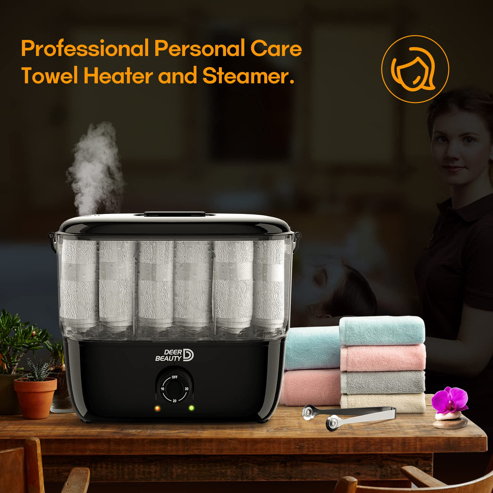 DEER BEAUTY towel steamer black finish in a professional space