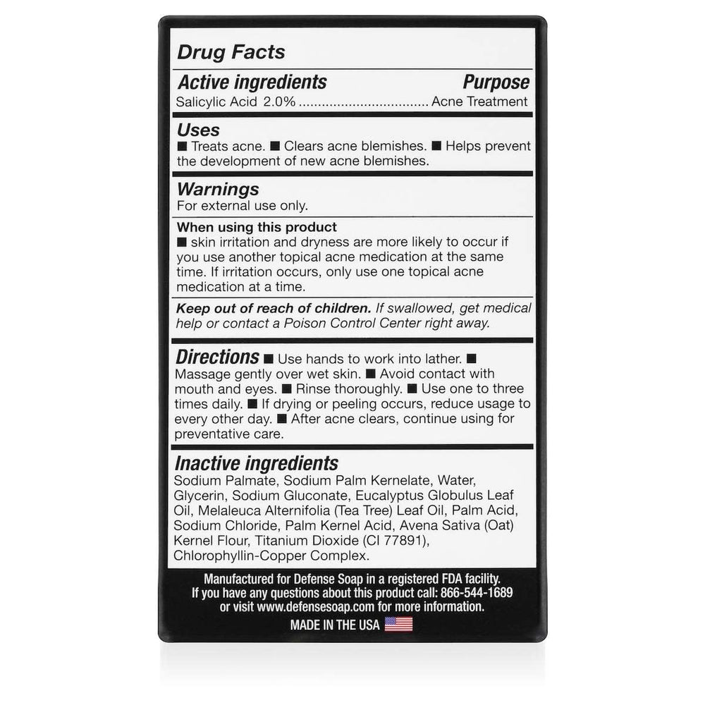 Defense Soap Acne Care Bar packaging-back notes 2% salicylic acid.