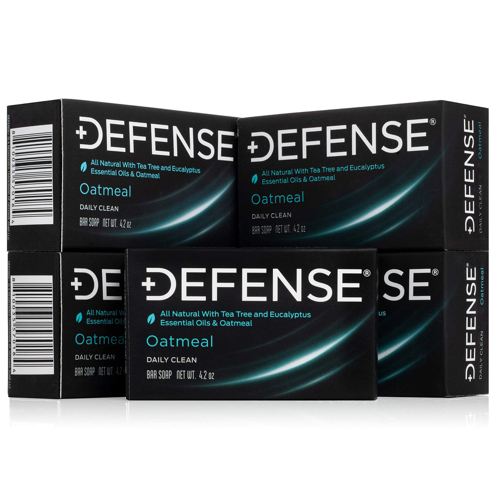 Defense Soap oatmeal bar packaging highlights natural ingredients and exfoliating oatmeal.
