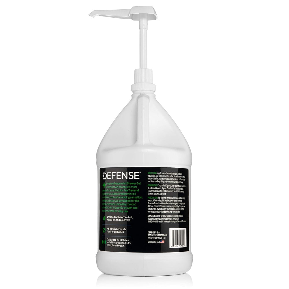 Defense Soap Peppermint Body Wash label close-up notes vegan, fragrance-free formula.