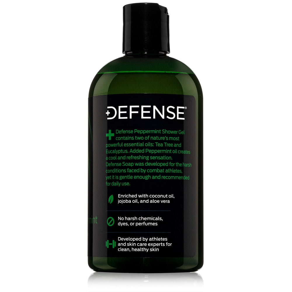 Defense Soap Peppermint Tea Tree Body Wash shower scene showing refreshing cleanse