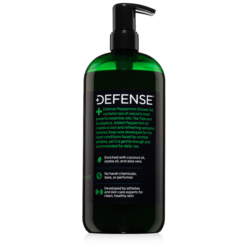 Defense Soap Peppermint Tea Tree Body Wash after-workout use showing cooling relief.
