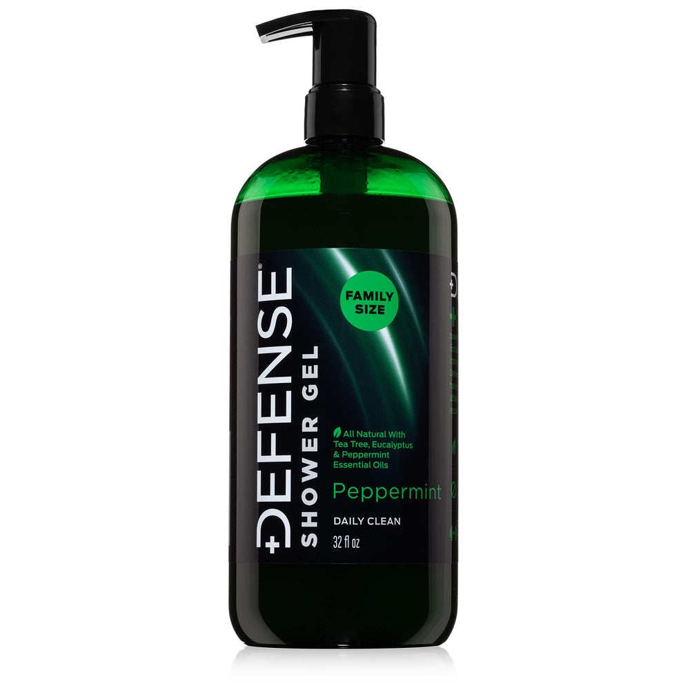 Defense Soap Peppermint Tea Tree Body Wash bottle closeup for cooling cleanse and odor control.